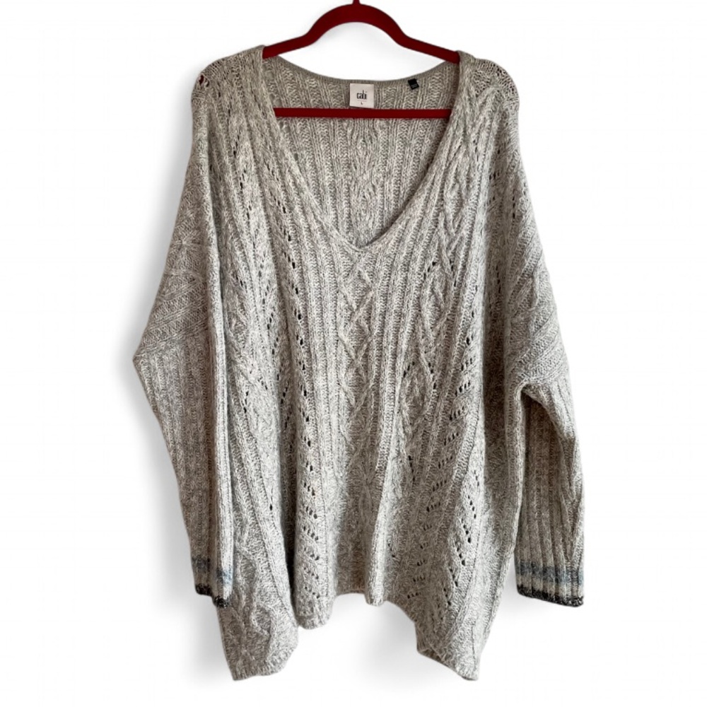 CAbi #3848 Horizon Cable Knit Gray Oversized V Neck Sweater Size L